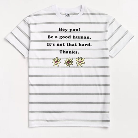 JV by Jac Vanek Women's Size Large White Gray Stripe Be A Good Human T-Shirt - Picture 1 of 9